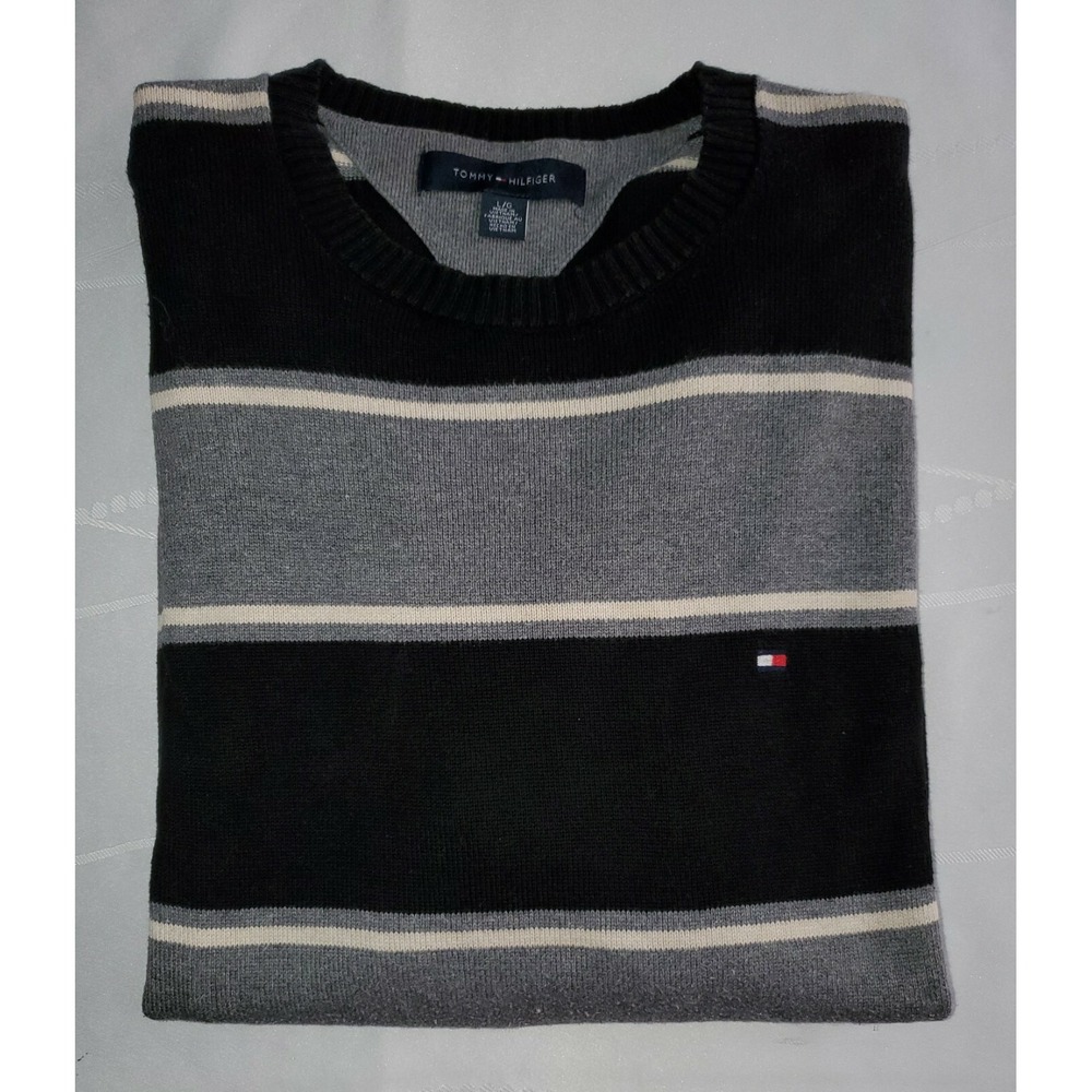 Tommy Hilfiger Mens Large Black/Gray/Cream Stripe Pullover Crew Neck Sweater